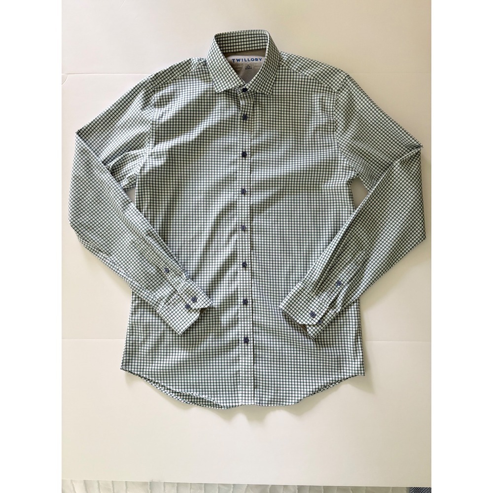 Twillory Performance Dress Shirt Mens 16‎ 36-37 Tailored Fit Green Blue Check